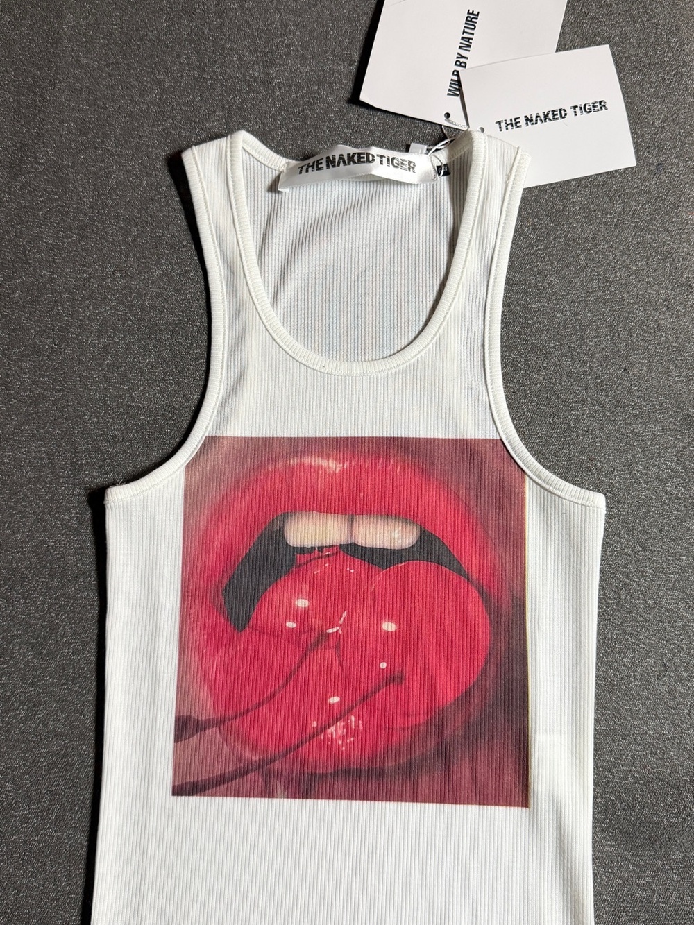 White Ribbed Tank with Cherry Lips by The Naked Tiger
